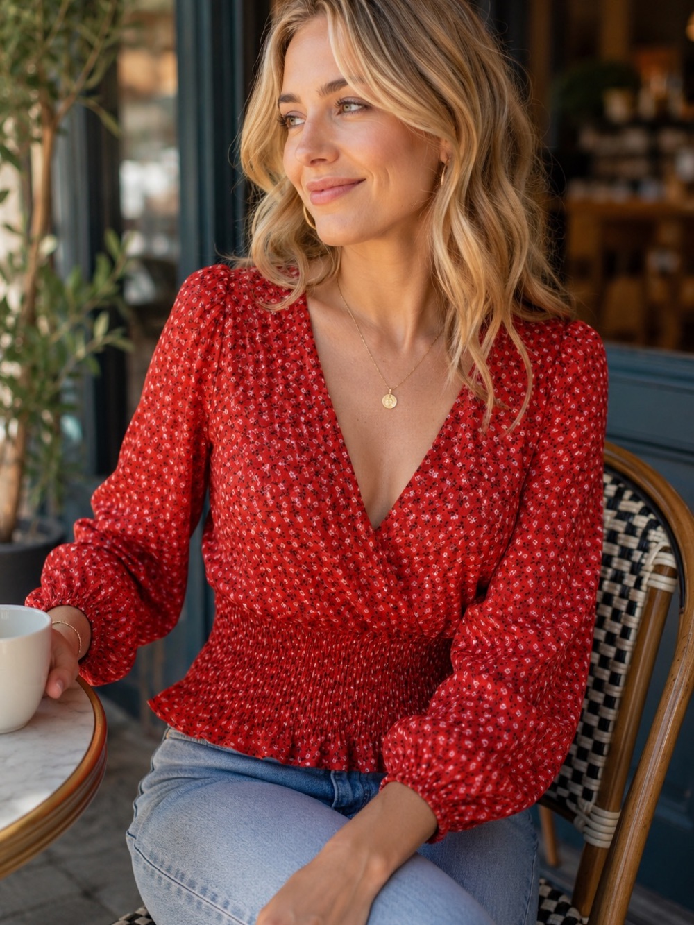 Madewell Red Floral Faux Wrap Wide Elastic Waist Blouse Size Small Puff Sleeve S